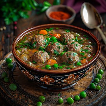 Homemade Kufta Bozbash, Mutton Meat Balls Soup with Spices in Ceramic Bowl, Meat Balls, Vegetables