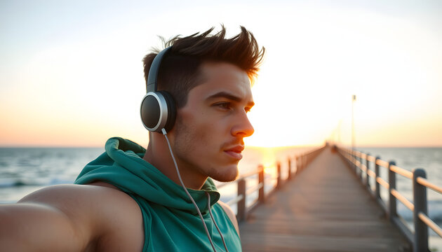 Close up young strong sporty toned fit sportsman man wear sports clothes listen to music in earphones warm up training at sunrise sun dawn over sea beach outdoor on pier seaside in summer day mornin