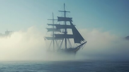 Majestic Tall Ship Sailing Through Misty Waters