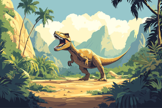 Jurassic era park background. Prehistoric backdrop with angry dinosaur extinct reptile. Trex tyrannosaurus roaring. Predator beast. Palms mountains. Cartoon style vector illustration