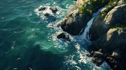   A panoramic shot of a lake with boulders in the foreground and foliage in the background