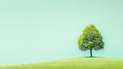   A lone tree on a grassy hill, with a blue sky behind and a green field in front