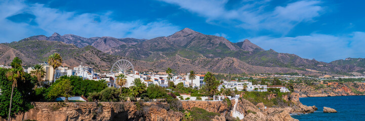 Nerja Spain panoramic view of the town and mountains in the resort town Costa del Sol Mediterranean sea Andalusia