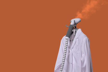 Steam Iron with Clothing on a Bright Orange Background, Showcasing WrinkleFree Apparel Status