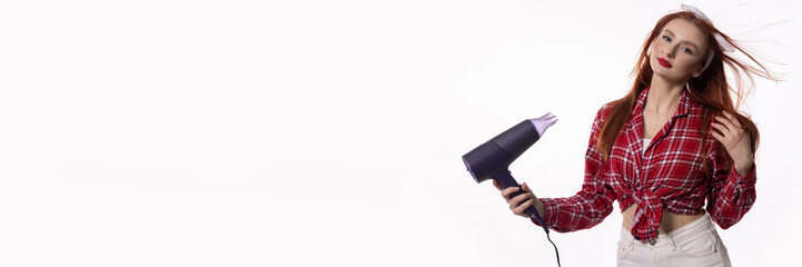Naklejka premium A Stylish Woman Skillfully Using a Hair Dryer to Achieve Her Perfect Hairstyle Every Time
