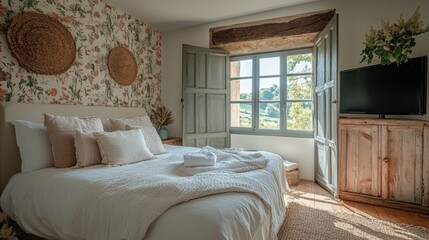 Cozy bedroom with natural light and floral wallpaper in a modern boutique hotel