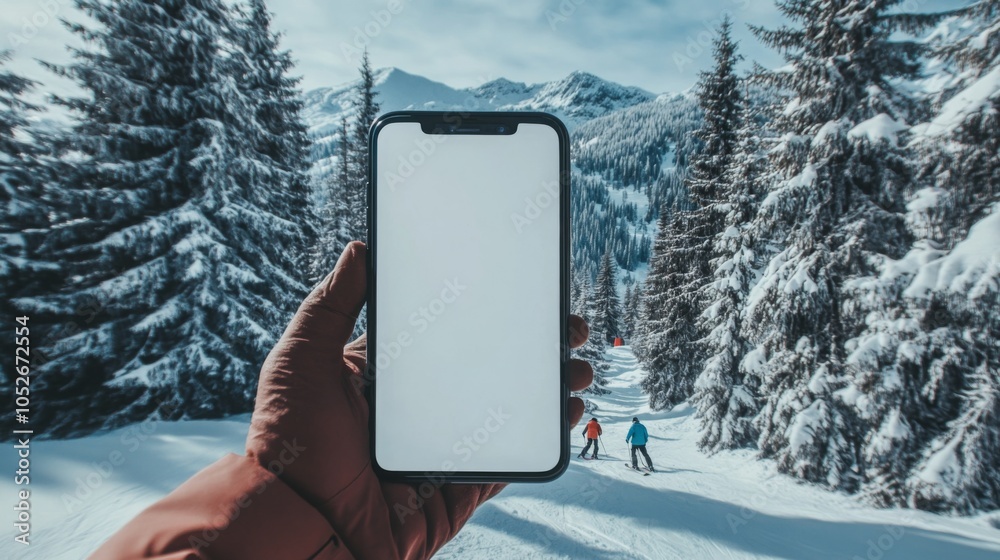 Poster a person is holding a smartphone in their hand with a blank screen. in the background, two skiers ar