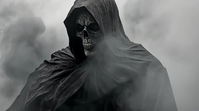 A skeletal figure in a black cloak stands in front of a misty background