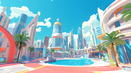 Capture a frontal view of a utopian cityscape in virtual reality, highlighting futuristic architecture and vibrant colors. Virtual Cityscape. Illustration