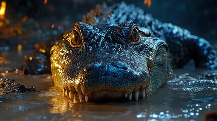 Obraz premium Close-up of a Crocodile's Face with Sharp Teeth Emerging from Water