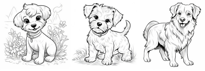 Obraz premium Black and white illustration for coloring a puppy in a linear style with soft contours and cute facial expressions, detailed execution.