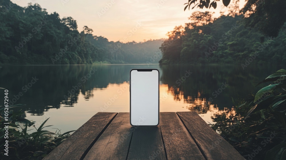 Poster a blank smartphone sits upright on a wooden table beside a calm lake. the golden sunset casts a warm