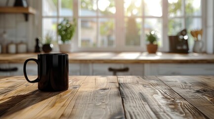 Brown Ceramic Mug On Rustic Wooden Countertop In Kitchen With Greenery And Window