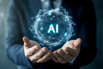 Businessman Holding Digital AI Sphere in Hands