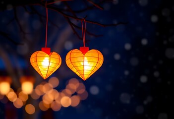 Obraz premium leuchtend blaue Herzen an der leuchtenden Lichterkette