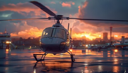 Black Helicopter Parked on Wet Runway at Sunset