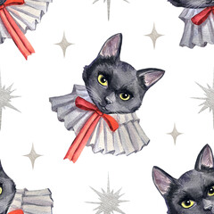 Halloween watercolor pattern with hand-painted illustrations of a black cat portrait in a gorgera with a bow, and silver stars on a transparent background.
