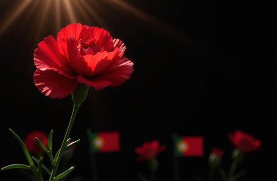 Red carnation as symbol of portuguese april freedom revolution, blurred portuguese flags on background, sunbeams.