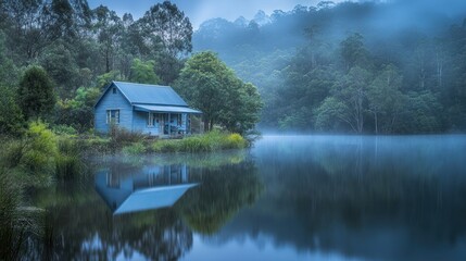 Obraz premium A small blue cabin sits on the edge of a misty lake, surrounded by lush green trees.