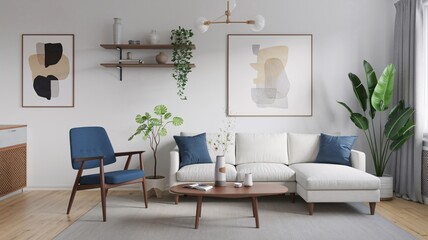 Fototapeta premium A modern living room with a white couch, blue armchair, coffee table, and plants.