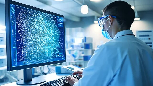  scientist analyzing complex data on a computer screen. The screen should display bioinformatics data, graphs, and molecular structures