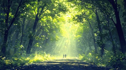 Fototapeta premium Couple Walking in a Magical Forest Path with Sunbeams