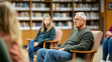 Fototapeta premium Cozy Library Storytelling Event with Veterans and Young Listeners