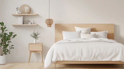 Cozy and minimalist bedroom design featuring a warm wooden bed and simple decor in a bright, inviting space