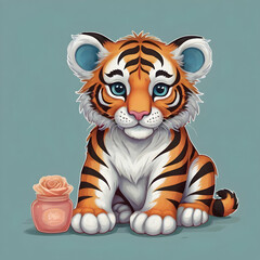 Create an illustration of a cute tiger cub in a stylized, artful design, mainly blue with orange and white details. The cub should have elaborate, patterned markings inspired by Indian or Middle Easte