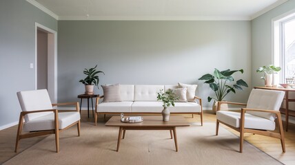 Fototapeta premium A spacious living room with a light green wall, a white sofa, two armchairs, a wooden coffee table, and plants.