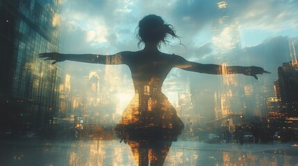 Obraz premium Elegant dancer's silhouette in a vibrant urban sunset with dynamic double exposure effects