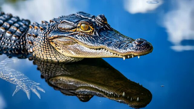 An alligator with its head and part of its body above the water, with its reflection visible beneath