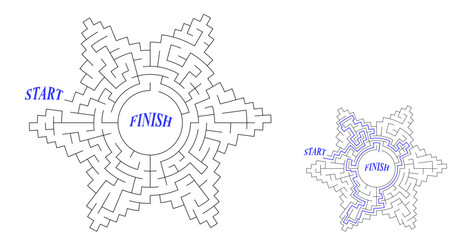 Simple style maze in a shape of six-pointed star or flower with 6 petals. Labyrinth of medium level of difficulty with solution. Nice vector puzzle for children and adults