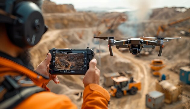 Advanced Drone Surveying Visualization, scene where engineers use real-time data from drones to build a 3D topographic model of a site. 