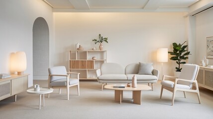 A modern living room with a white couch, two armchairs, a coffee table, a bookcase, and two lamps.