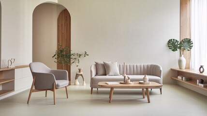 A minimalist living room with a sofa, armchair, coffee table, and plants.