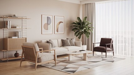 Modern living room interior with a white couch, two armchairs, a coffee table, a plant, and a bookshelf.