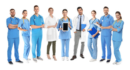 Obraz premium Different healthcare workers in uniforms on white background