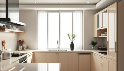 Luxury home kitchen interior with bar counter, cooking cabinet near window isolated with white highlights, png