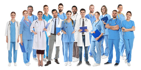 Obraz premium Different healthcare workers in uniforms on white background