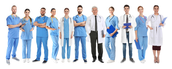 Fototapeta premium Different healthcare workers in uniforms on white background
