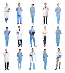 Obraz premium Different healthcare workers on white background, collage of photos