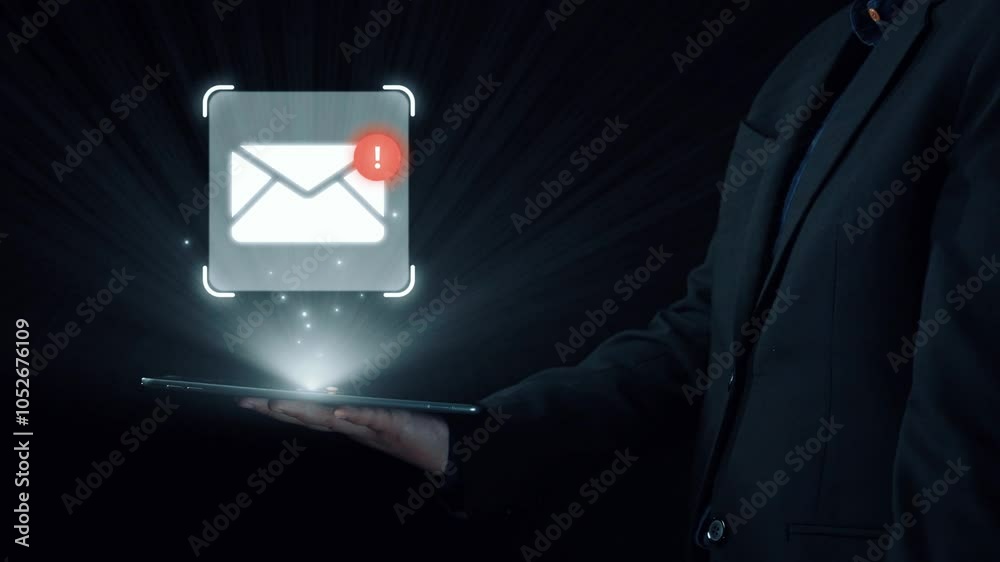 Poster business person checking email inbox, organizing and prioritizing messages for better productivity. 