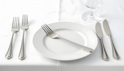 Beautiful table setting with silver cutlery on white background isolated with white highlights, png