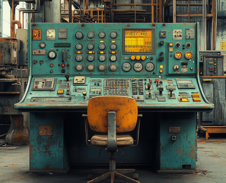 A vintage control room at an old manufacturing plant still features its original control panel, evoking a rustic charm as it oversees the factory floor, steeped in industrial history.