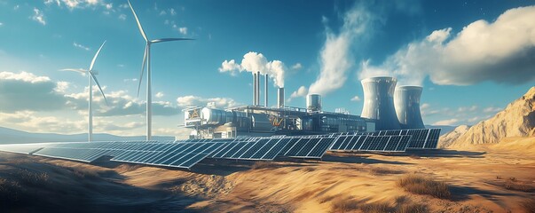 A futuristic power plant harnessing renewable energy from solar panels and wind turbines