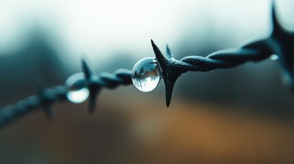 Raindrops delicately balance on sharp barbed wire against a blurred background, AI - Powered by Adobe