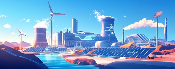 A futuristic power plant harnessing renewable energy from solar panels and wind turbines