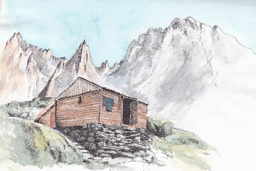 Watercolour painting of a mountain hut in the mountains