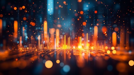 Financial Data Analysis Bar Chart with Orange Light Effects.